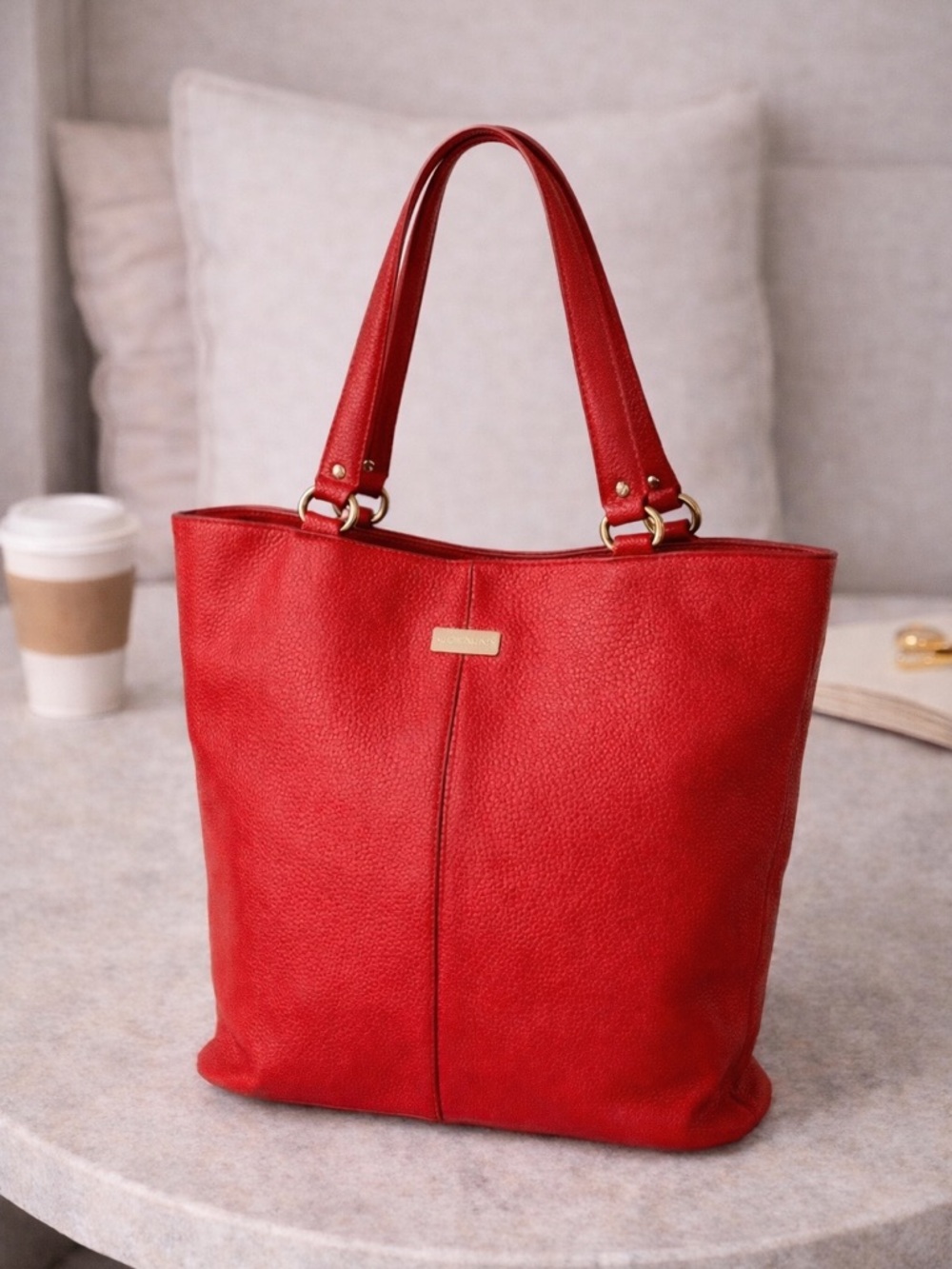 Cole Haan Red pebble Leather Shoulder Bag structured tote